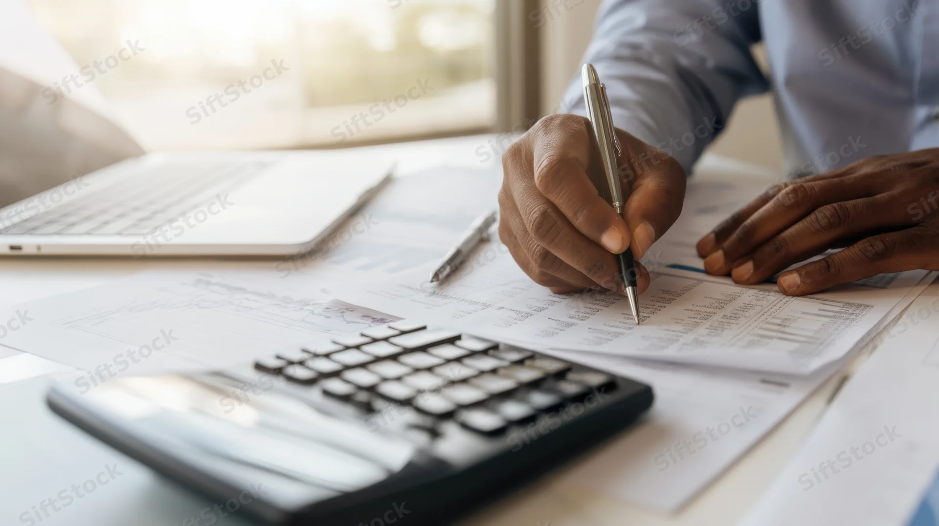 Man’s hands writing on financial documents with calculator and laptop on office desk
