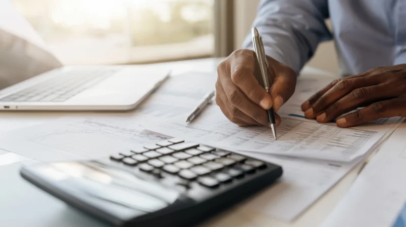Man’s hands writing on financial documents with calculator and laptop on office desk
