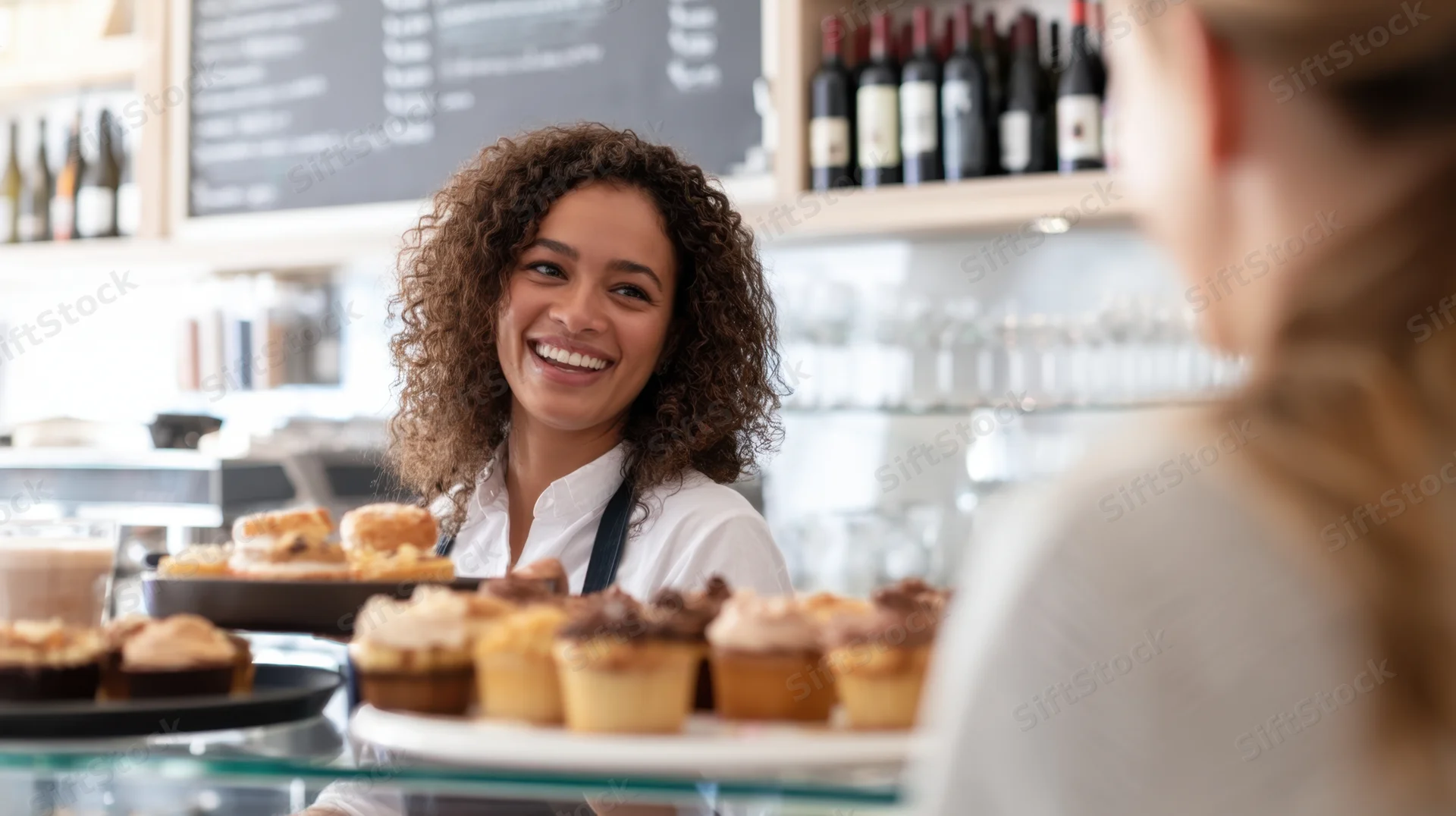 Smiling barista serving customer at modern cafe counter with pastries displayed
