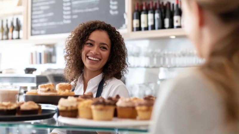 Smiling barista serving customer at modern cafe counter with pastries displayed