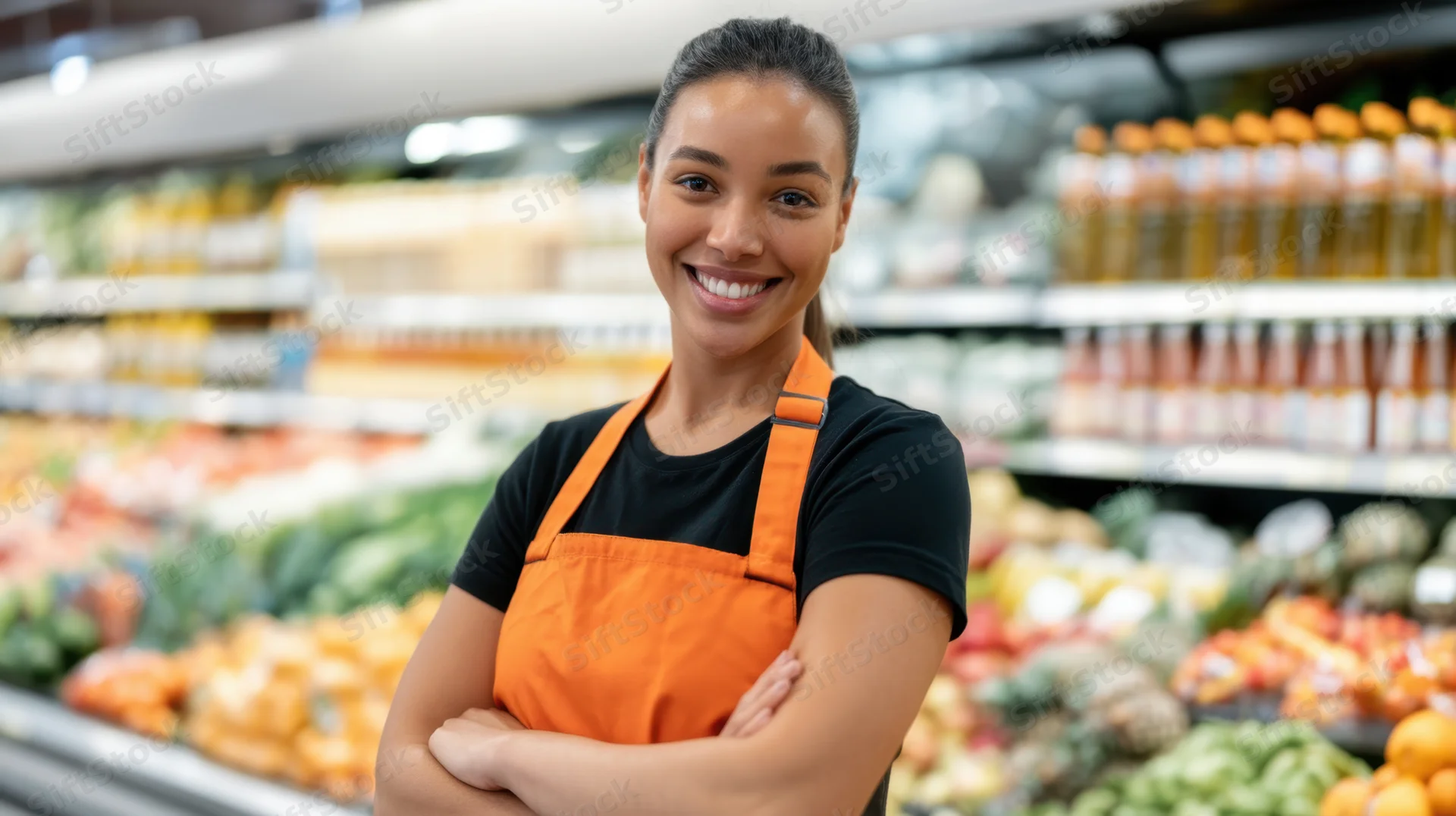 Smiling female grocery store employee in orange apron with arms crossed in produce section