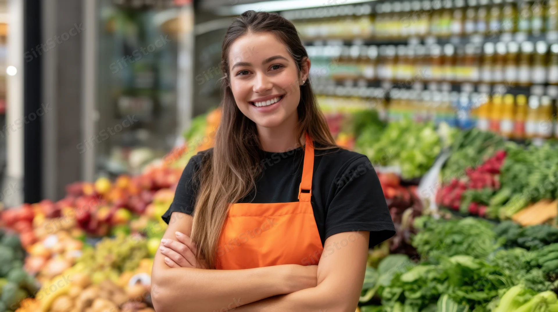 Smiling female grocery store employee in orange apron with arms crossed in produce section