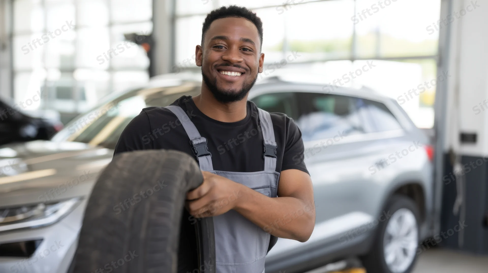 Smiling male mechanic holding a tire in a modern automotive workshop