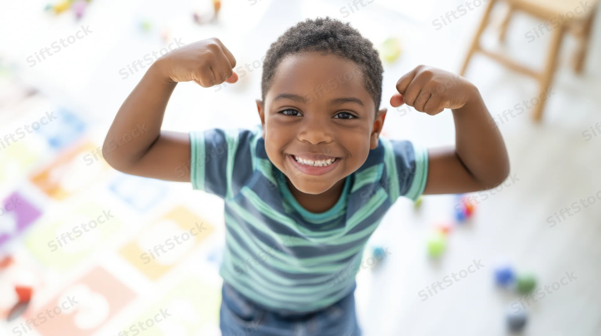Young black boy smiling and flexing his arms in a playroom with toys scattered on the floor