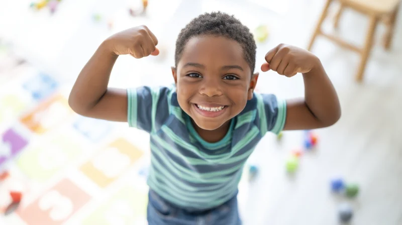 Young black boy smiling and flexing his arms in a playroom with toys scattered on the floor
