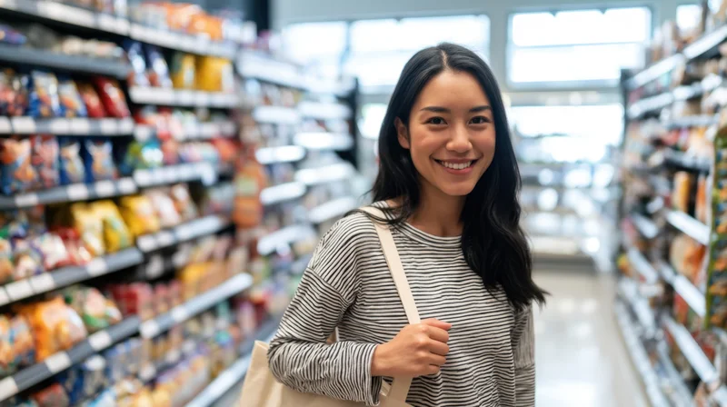Young asian woman smiling while shopping in a grocery store aisle