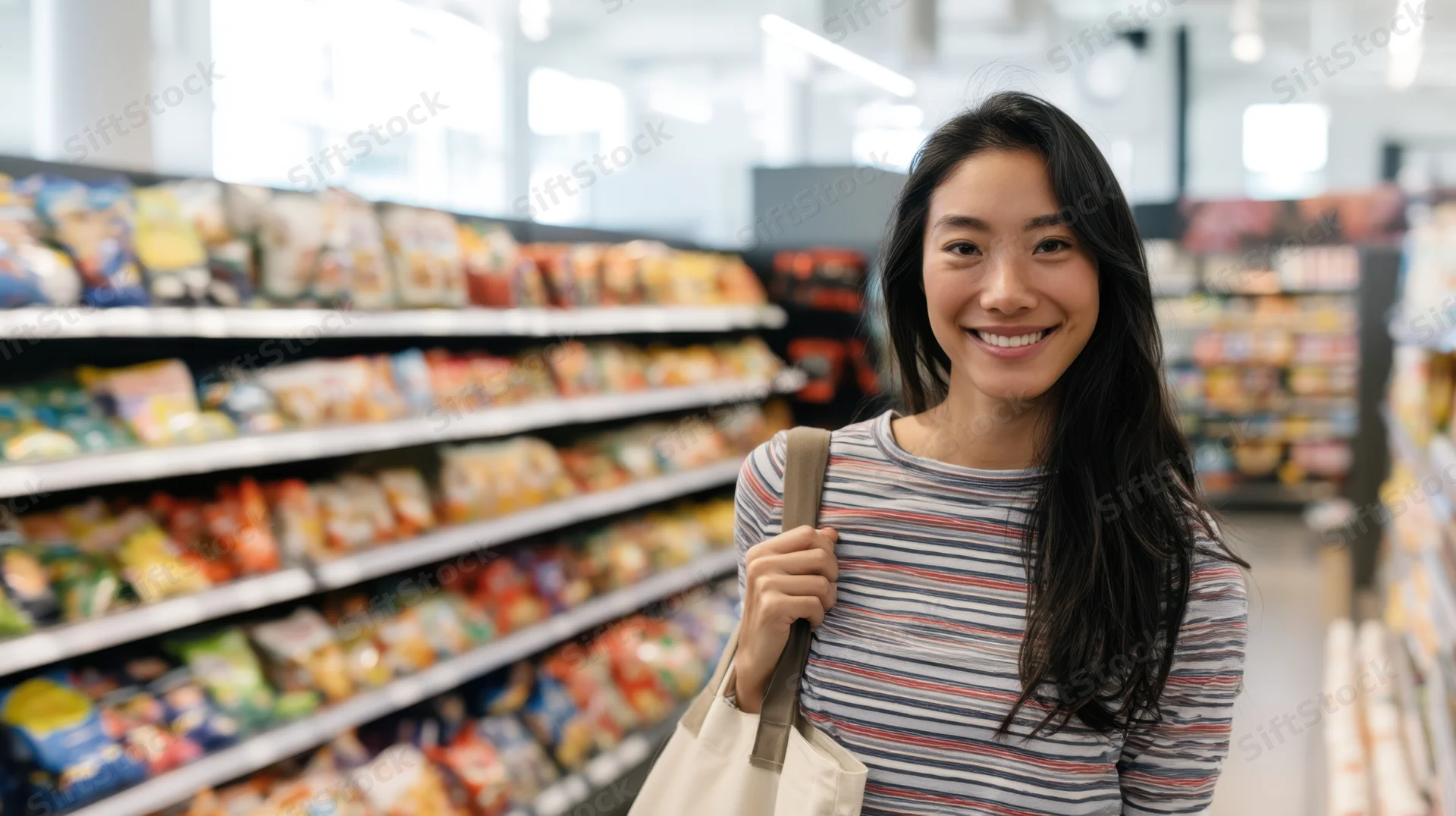 Young asian woman smiling while shopping in a grocery store aisle with a tote bag