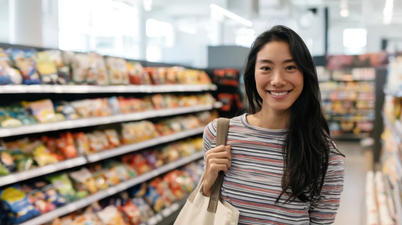 Young asian woman smiling while shopping in a grocery store aisle with a tote bag