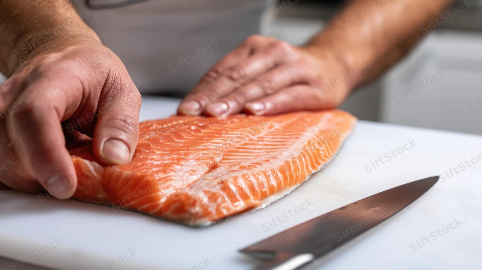 Chef filleting salmon on a white cutting board with a sharp knife