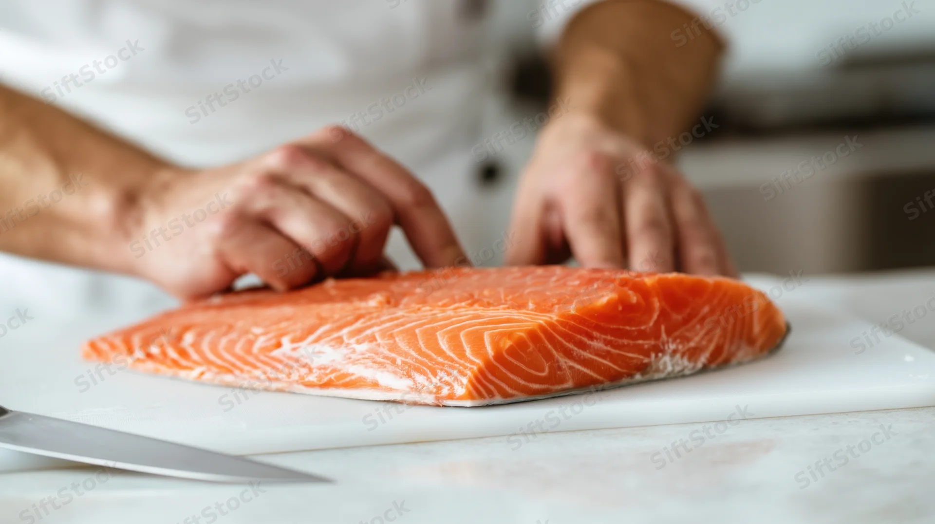 Chef filleting salmon on a white cutting board in a kitchen