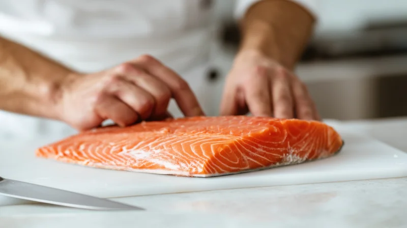 Chef filleting salmon on a white cutting board in a kitchen