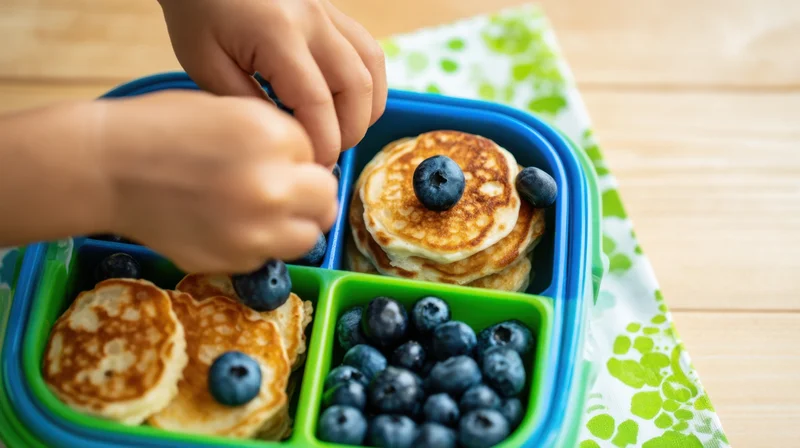Child’s hands placing blueberries on pancakes in a compartmentalized lunchbox on a wooden table