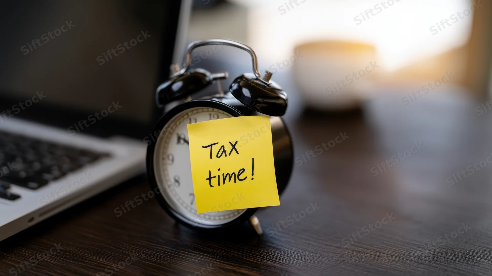 Classic alarm clock with yellow sticky note reading tax time on wooden desk beside laptop and coffee cup