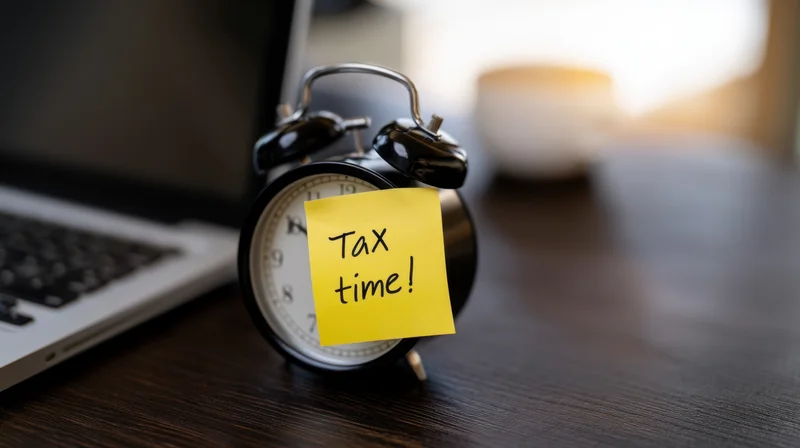 Classic alarm clock with yellow sticky note reading tax time on wooden desk beside laptop and coffee cup