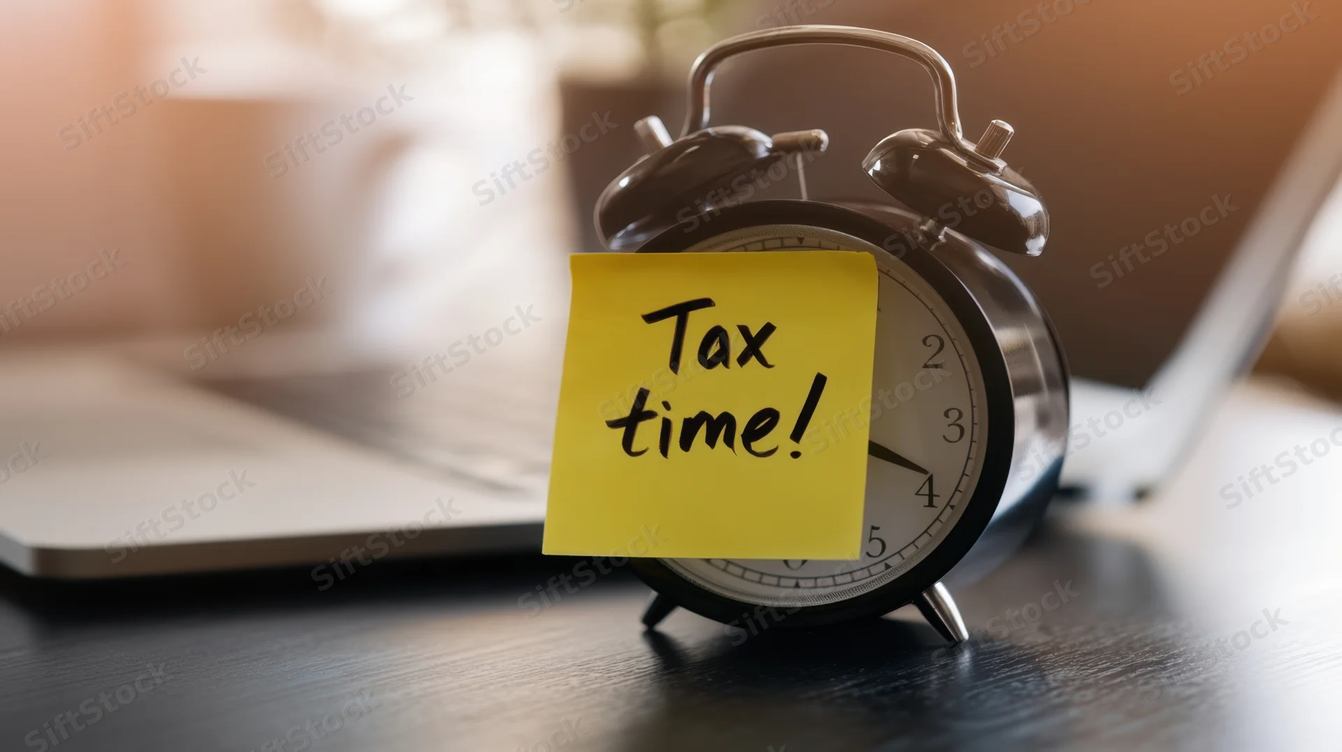 Classic alarm clock with yellow sticky note reading tax time on wooden desk beside laptop