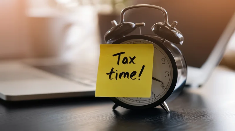 Classic alarm clock with yellow sticky note reading tax time on wooden desk beside laptop