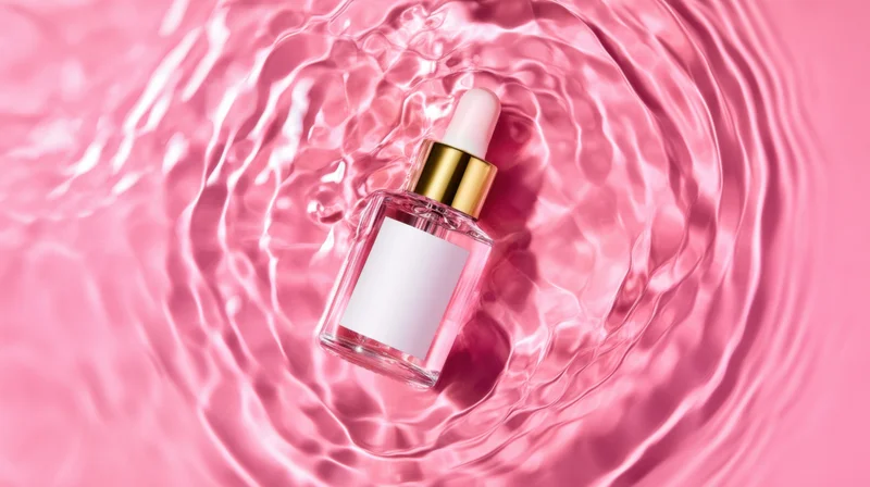 Clear glass dropper bottle with gold cap floating in rippling pink water