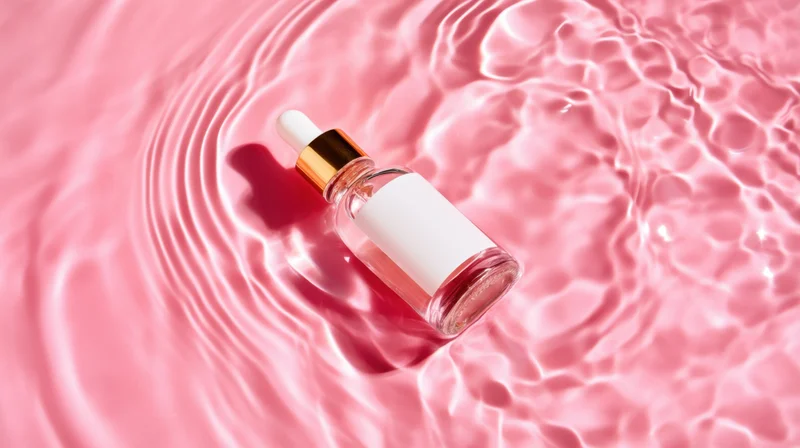 Clear glass dropper bottle with gold cap floating in pink water with ripples and reflections