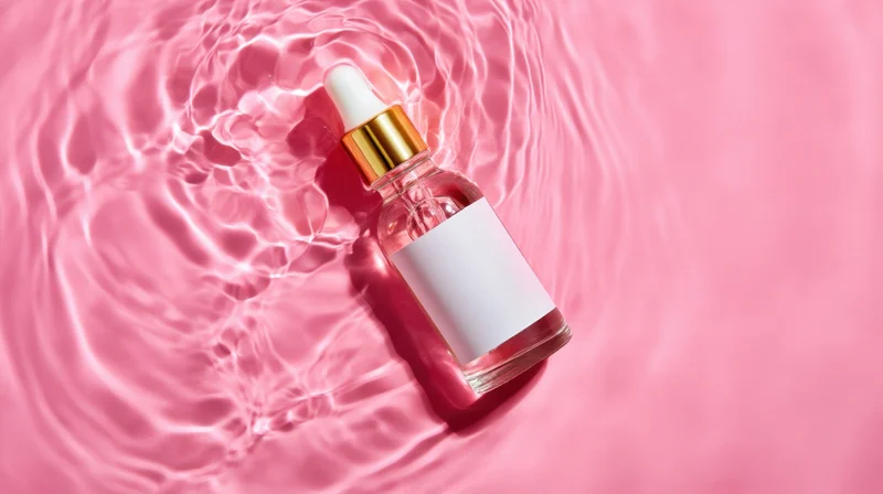 Clear glass dropper bottle with gold cap and white label floating in rippling pink water