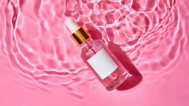 Clear glass dropper bottle with gold cap floating in rippling pink water