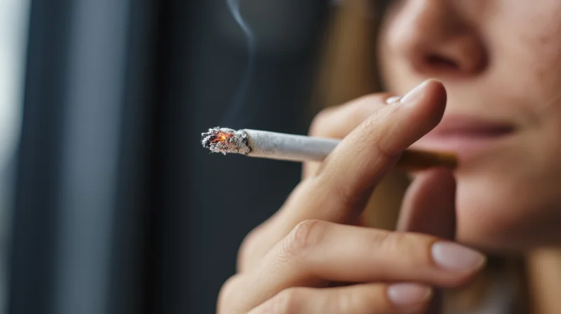 Close-up of a woman’s hand holding a lit cigarette near her lips