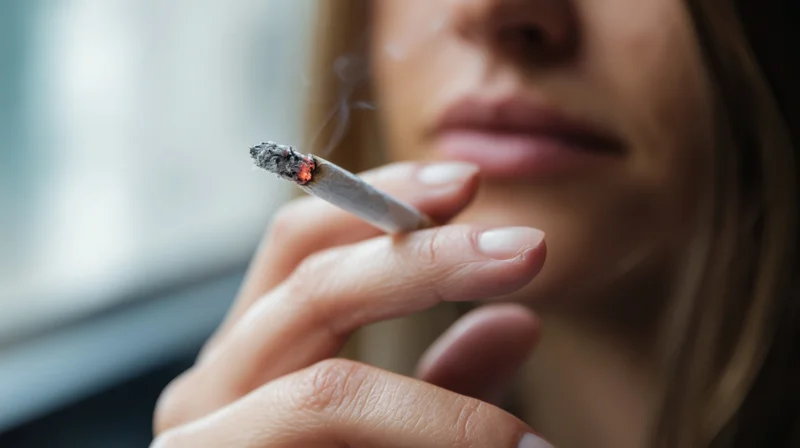 Closeup of a woman’s hand holding a lit cigarette near her lips