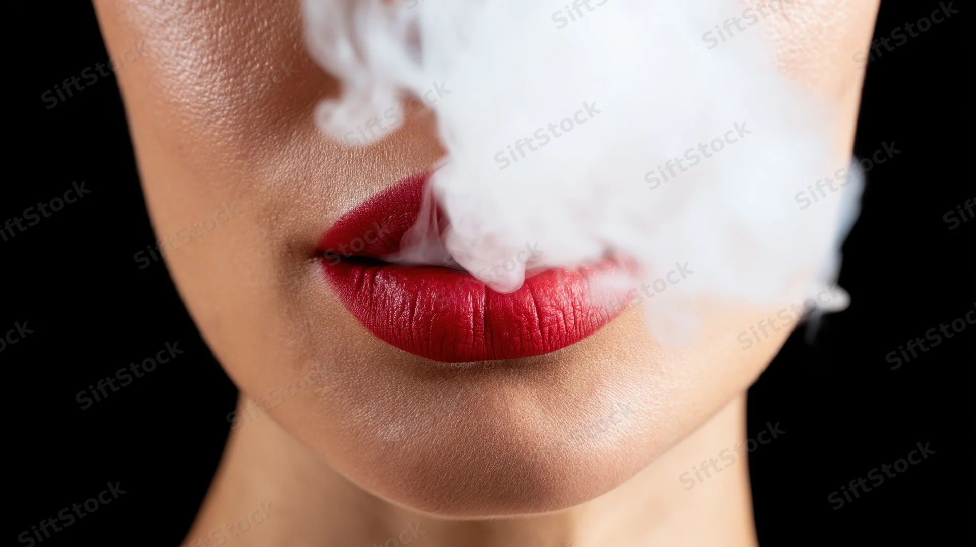 Close-up of a woman's red lips exhaling white vapor against a black background