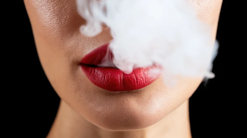 Close-up of a woman's red lips exhaling white vapor against a black background