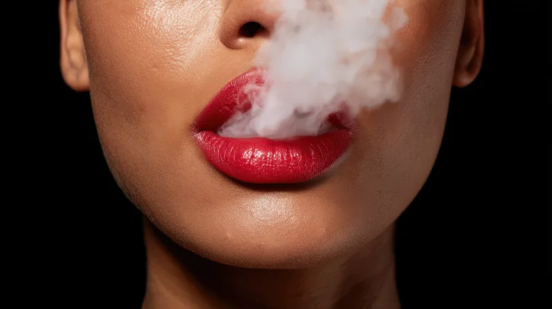 Close-up of a woman's full red lips exhaling vapor against a black background