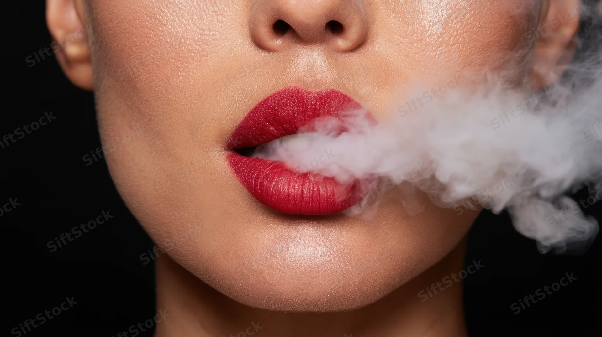 Close-up of a woman's red lips exhaling white vapor from vaping