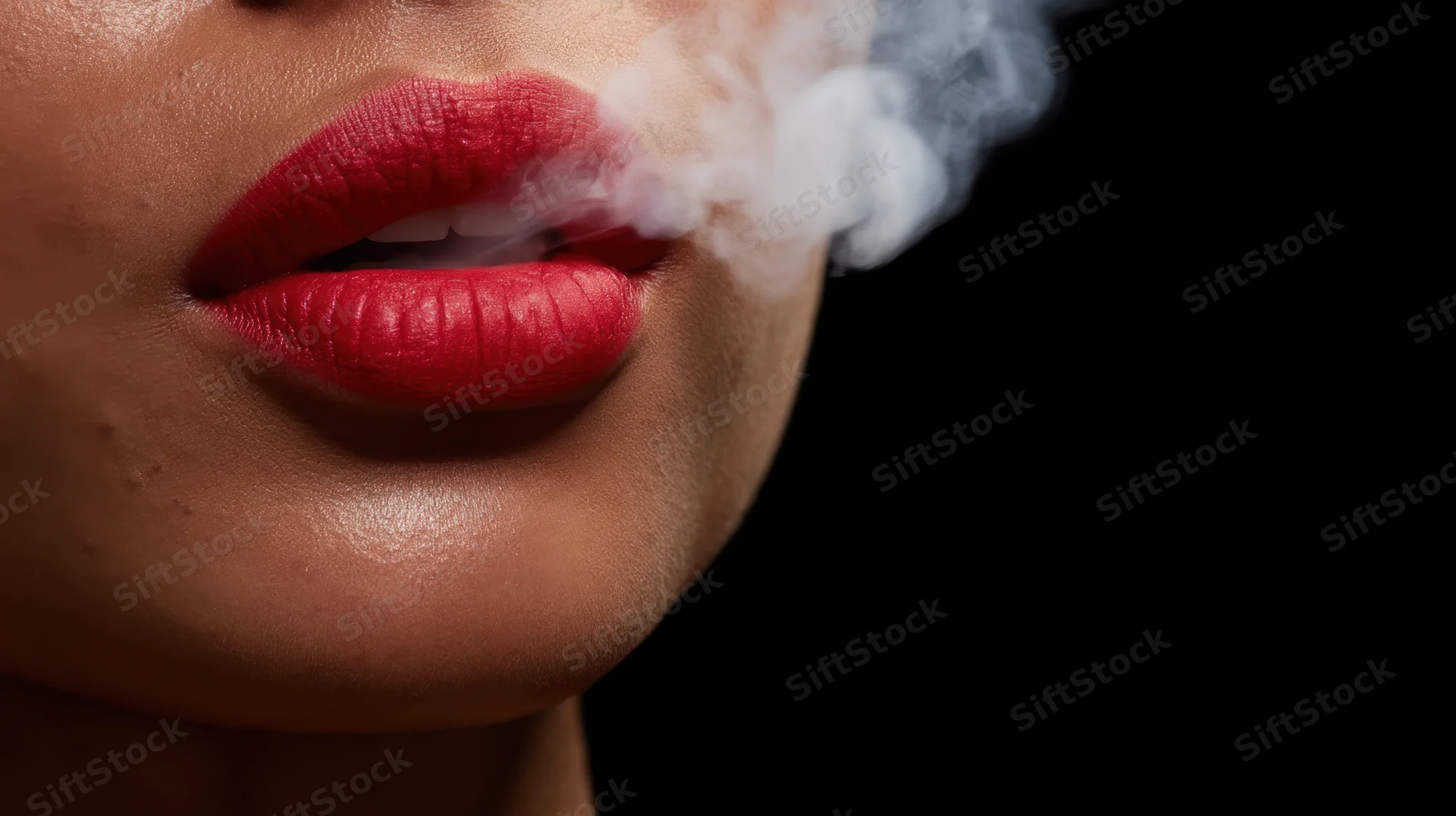 Close-up of a woman's red lips exhaling vapor against a black background