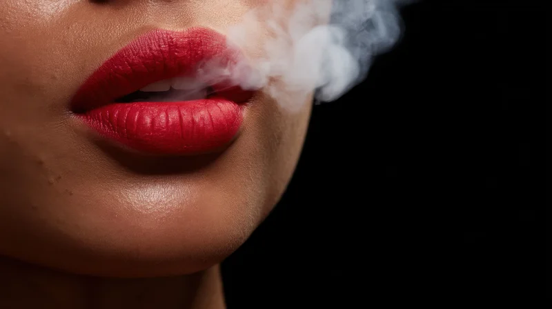 Close-up of a woman's red lips exhaling vapor against a black background
