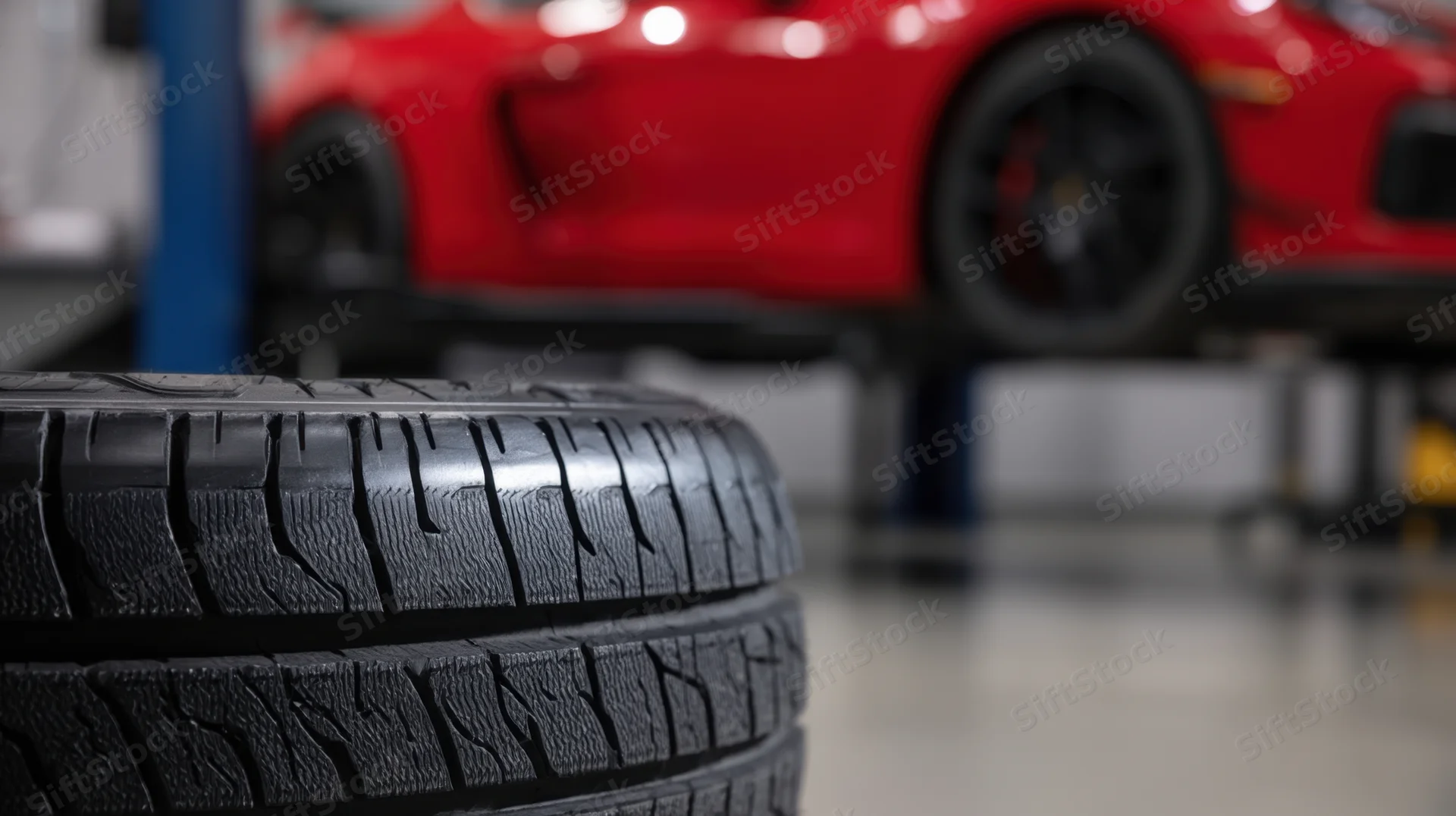 Close-up of stacked tires on a smooth garage floor with a red sports car elevated on a lift in the background