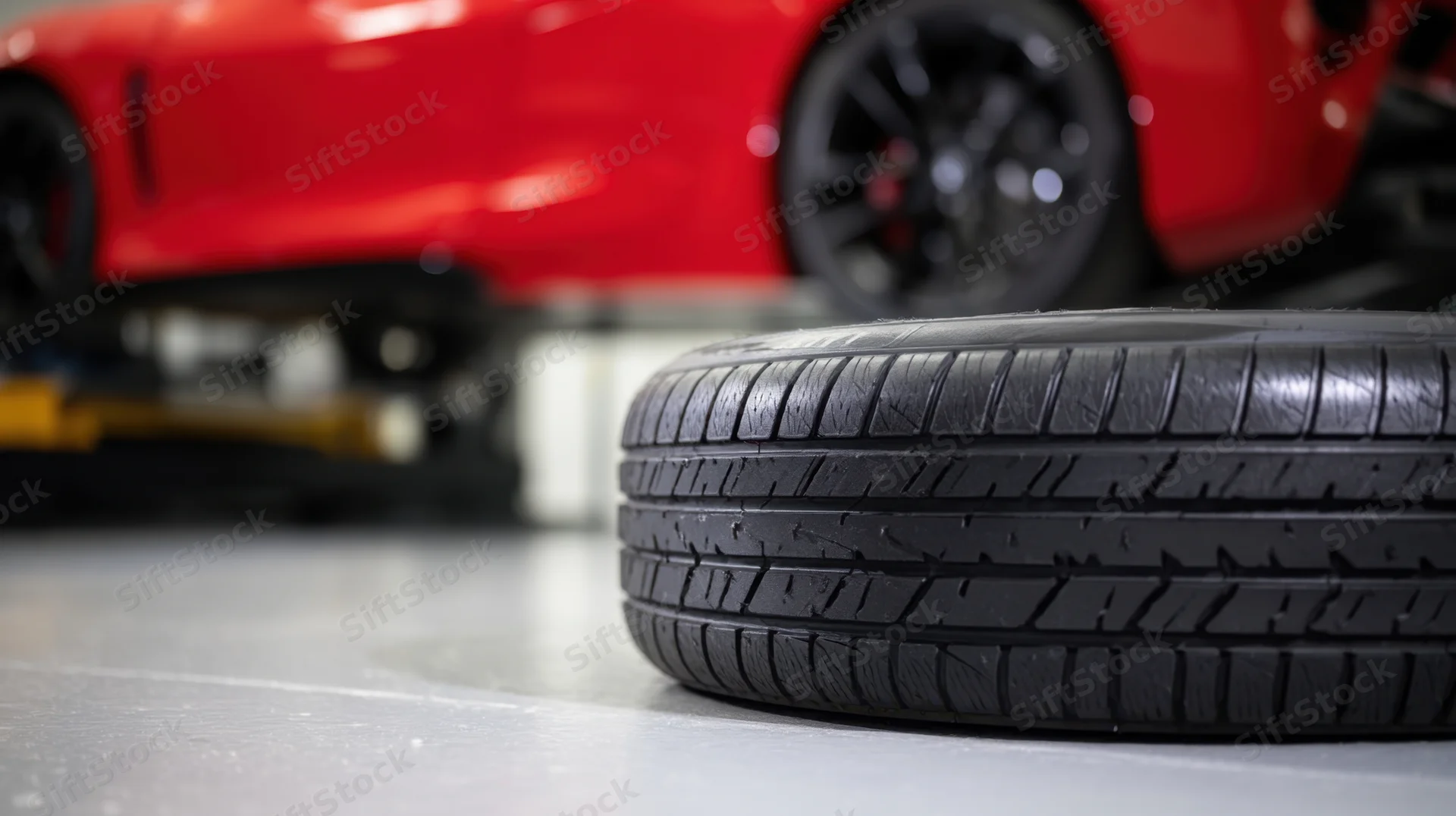 Close-up of stacked tires on a smooth garage floor with a red car elevated in the background