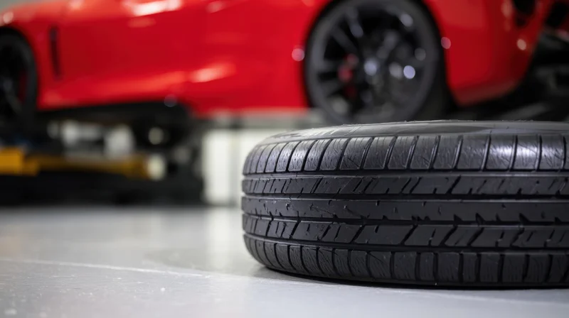 Close-up of stacked tires on a smooth garage floor with a red car elevated in the background