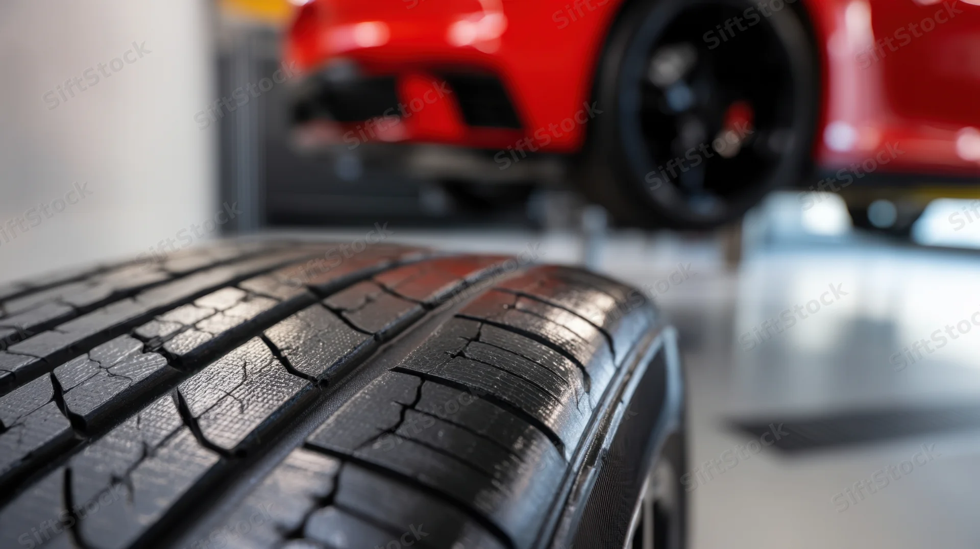 Close-up of a worn tire tread on a smooth garage floor with a red car in the background