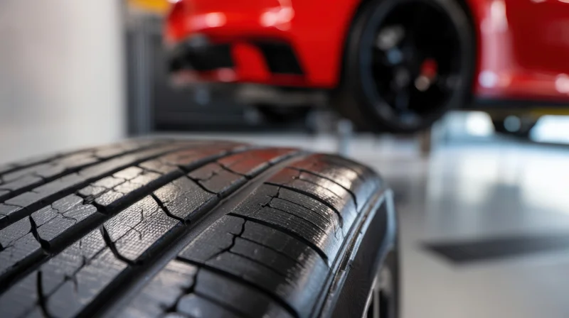 Close-up of a worn tire tread on a smooth garage floor with a red car in the background