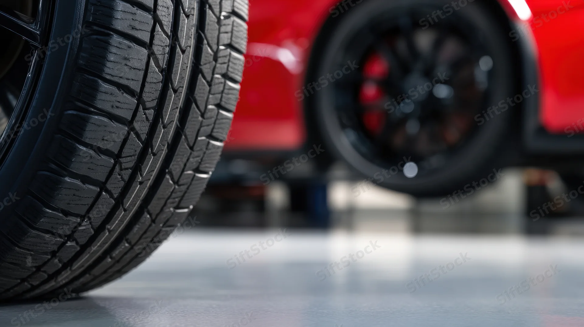 Close-up of a black tire with detailed tread on a smooth garage floor beside a red car wheel