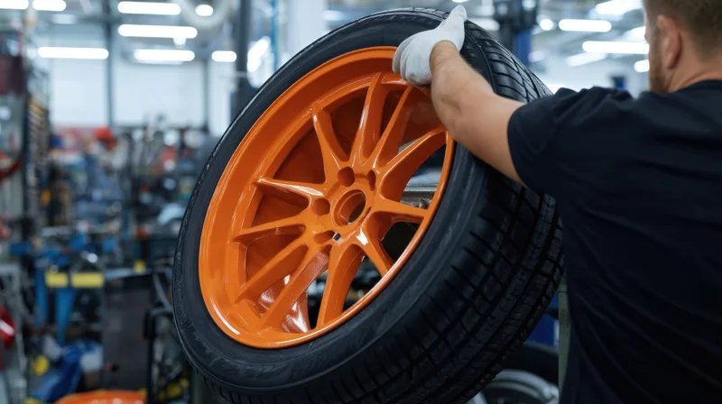 Mechanic holding orange alloy wheel with tire in garage workshop