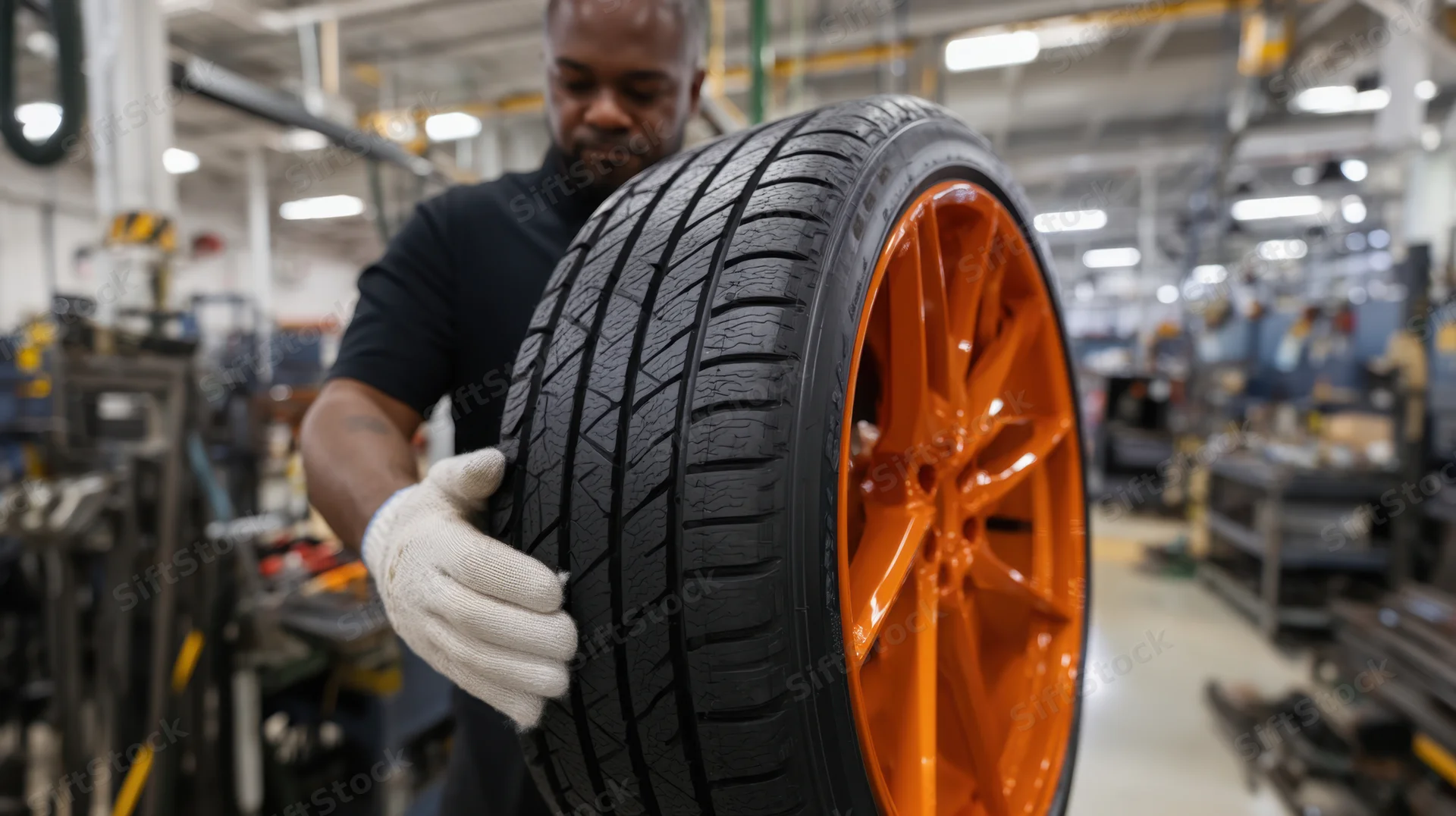Mechanic holding a black tire mounted on an orange alloy wheel in a factory workshop