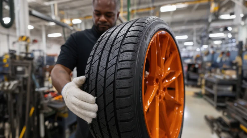 Mechanic holding a black tire mounted on an orange alloy wheel in a factory workshop