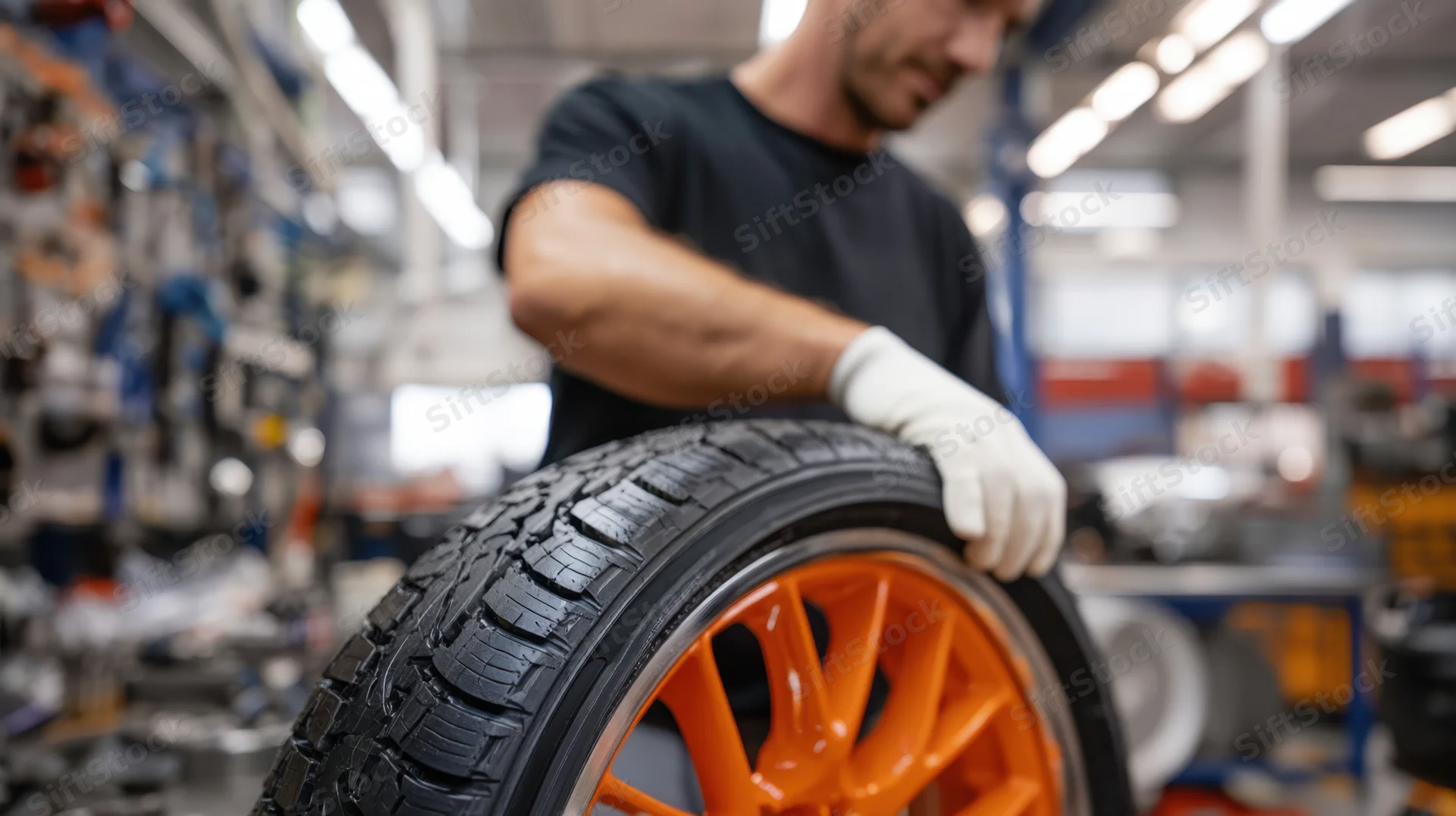 Mechanic inspecting a tire mounted on an orange alloy wheel in a workshop