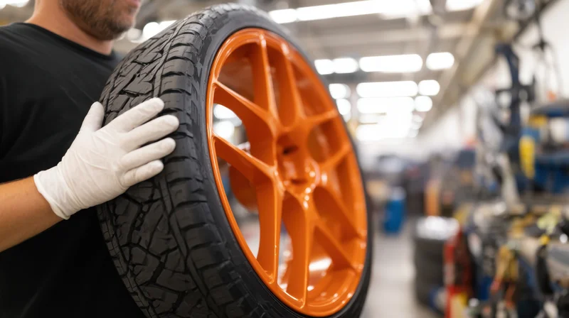 Mechanic holding a tire with orange rim in a workshop