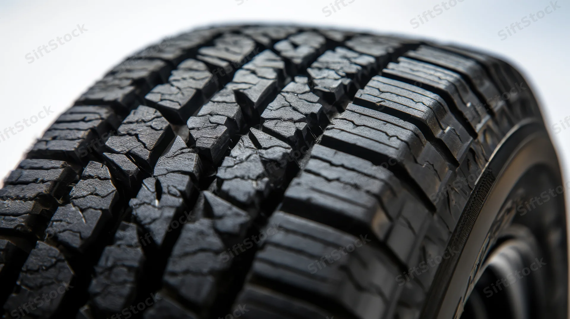 Close-up of a car tire tread pattern showing detailed grooves and blocks on a white background