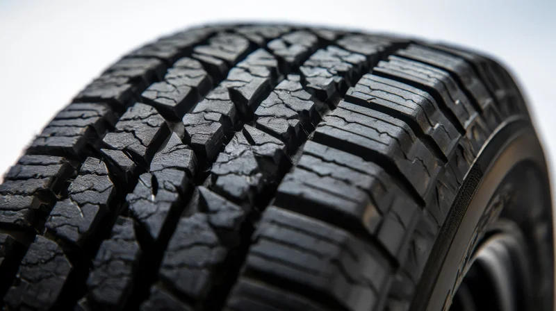 Close-up of a car tire tread pattern showing detailed grooves and blocks on a white background