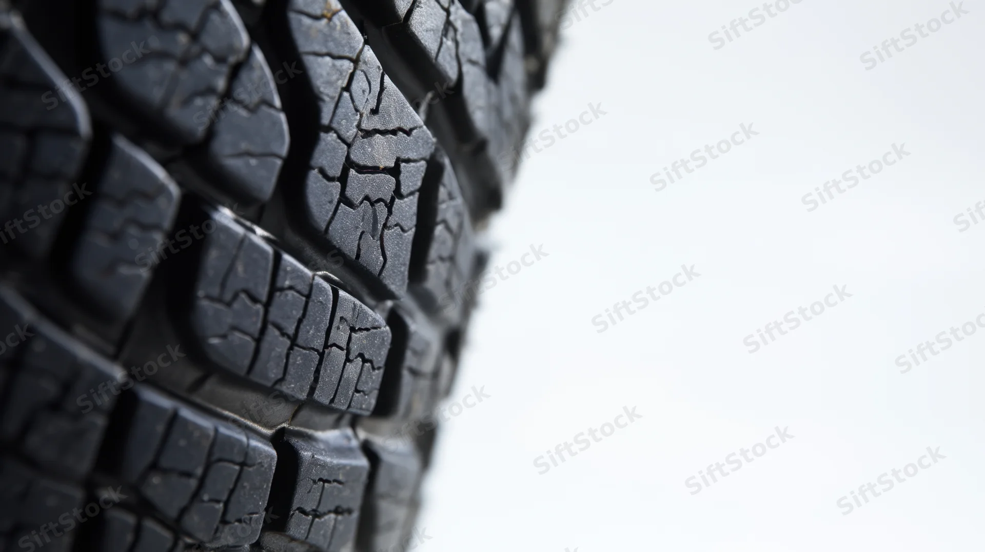 Close-up of a worn car tire tread showing cracks and detailed rubber texture against a white background