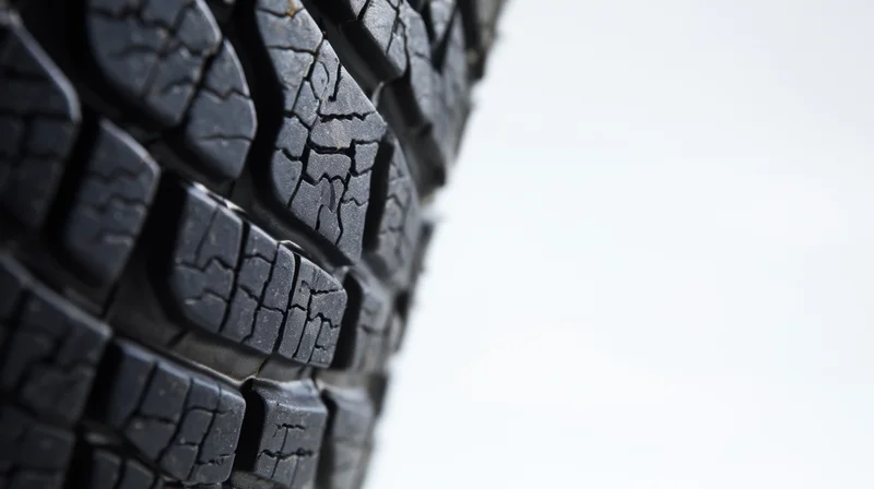 Close-up of a worn car tire tread showing cracks and detailed rubber texture against a white background