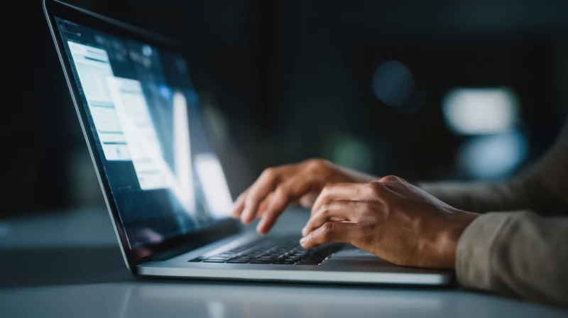 Close-up of hands typing on a laptop keyboard in a dimly lit workspace