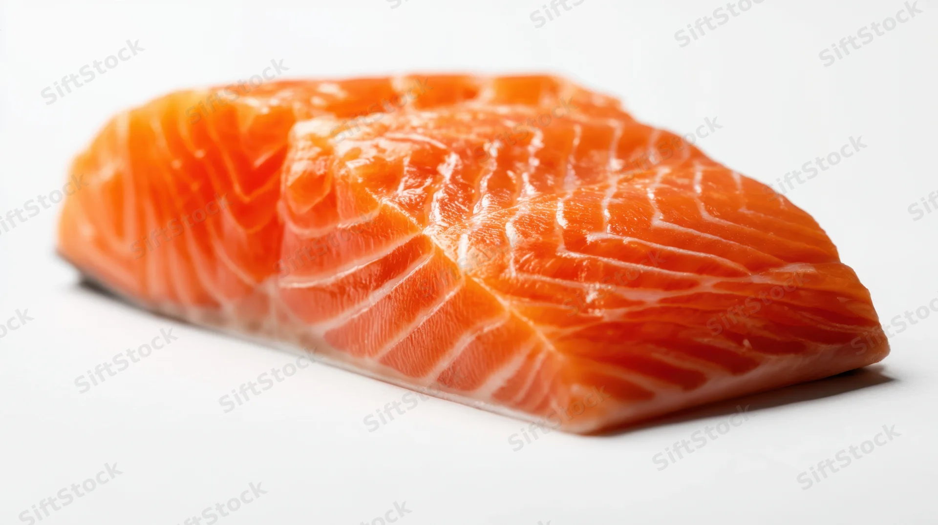 Close-up of a raw salmon fillet on a white surface showing its orange flesh and white fat striations