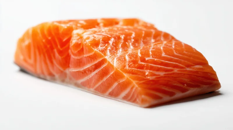 Close-up of a raw salmon fillet on a white surface showing its orange flesh and white fat striations